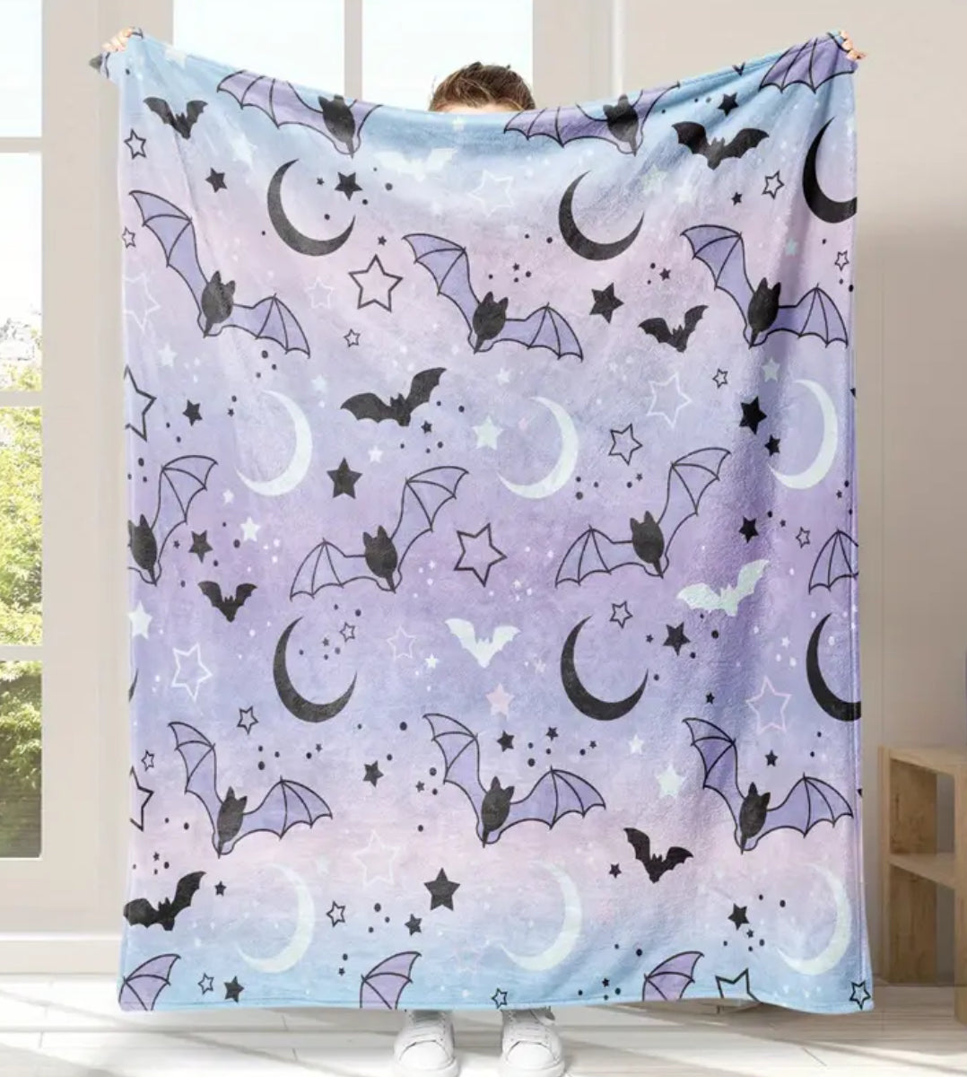 Moon & Bat Purple Flannel Throw Blanket